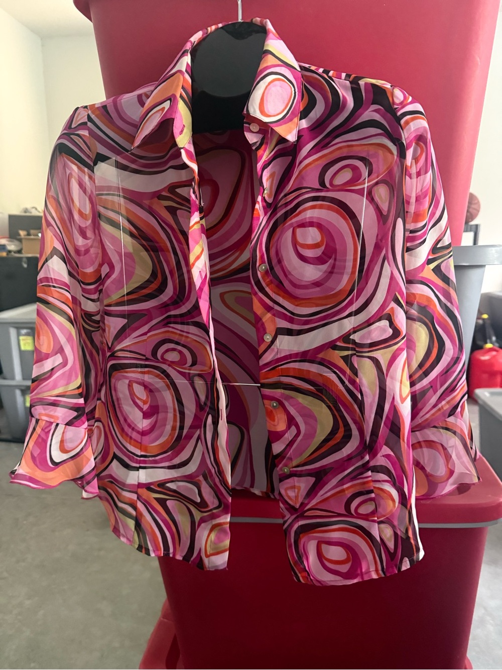 NICOLA Sheer Swirl Print Button-Down Shirt in Pink and Orange p48